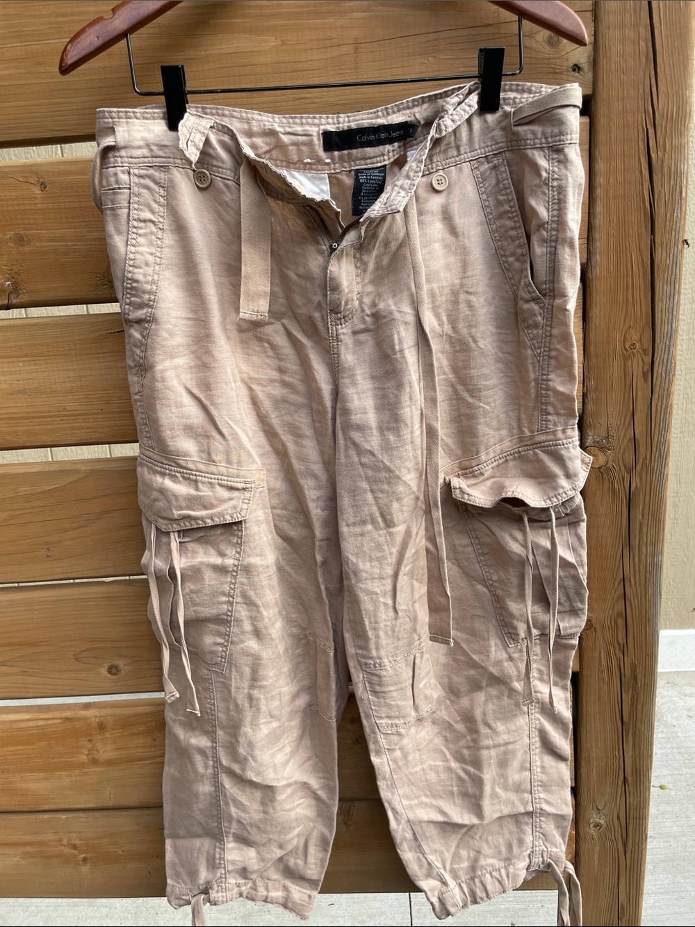 Calvin Klein Light Tan Cargo Pants with Drawcords 100% Linen